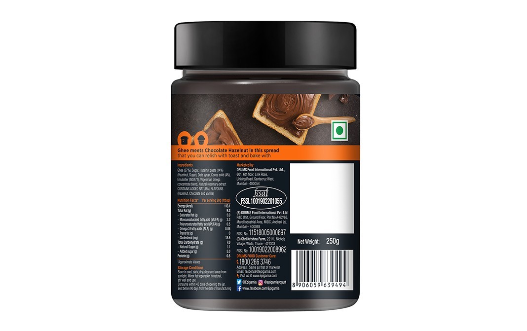 Epigamia Spreads Made From Ghee chocolate hazelnut   Plastic Jar  250 grams